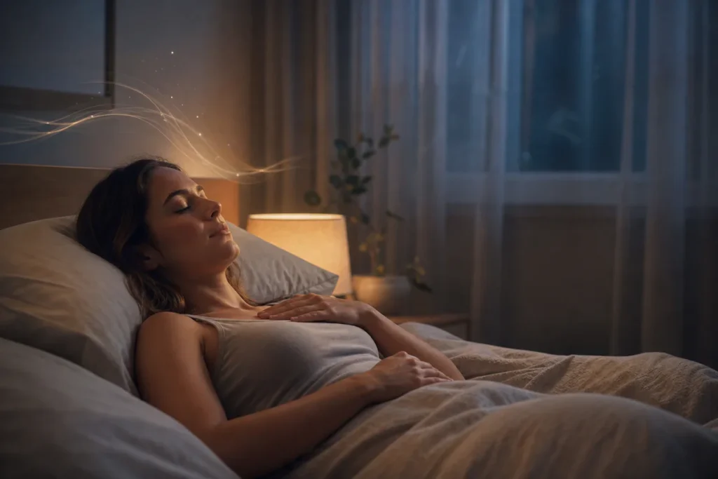 Personne allongée dans un lit calme le soir, pratiquant une respiration lente pour apaiser le stress avant de dormir.