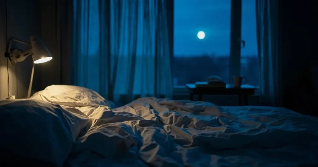 Chambre vide de nuit, lit défait, lumière chaude et lune