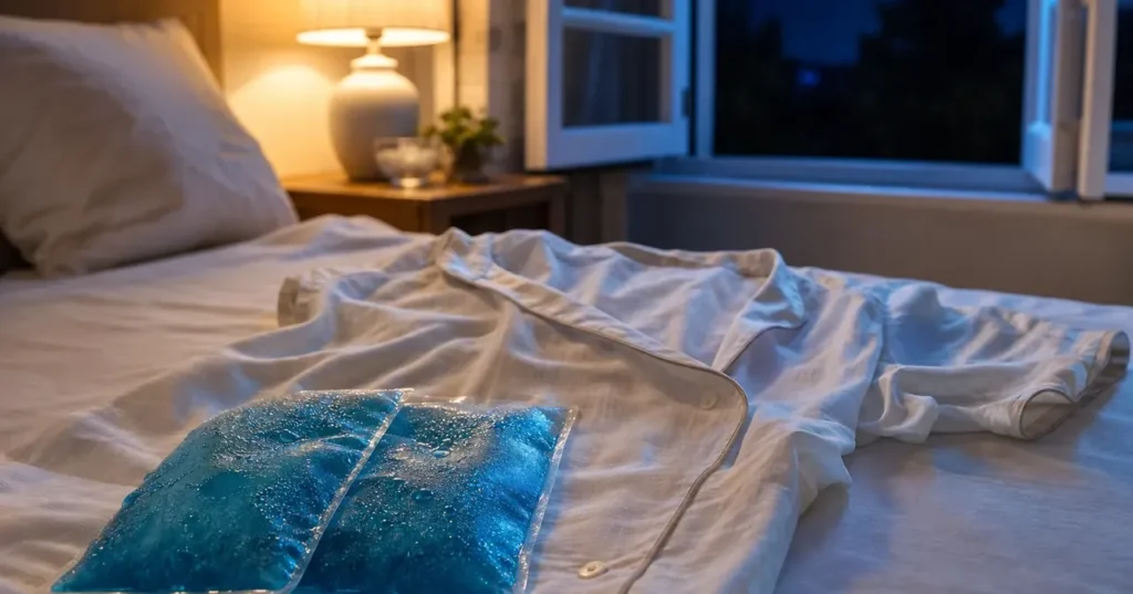 Poches de gel glacées près d’un pyjama ouvert la nuit
