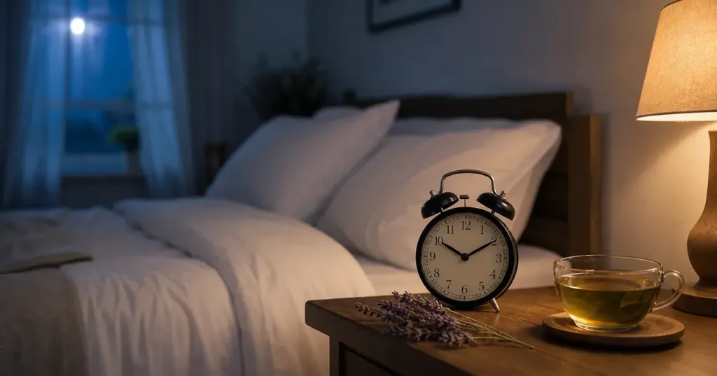 Réveil analogique près du thé, chambre paisible à l’aube