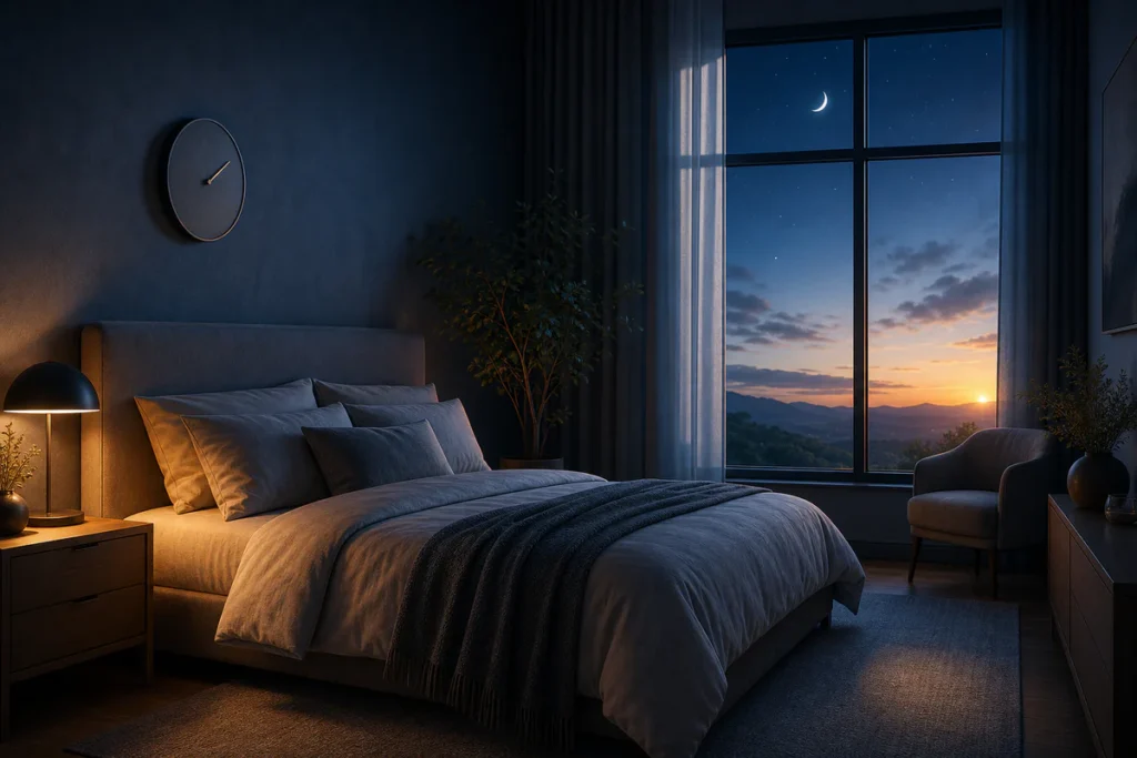 Calm modern bedroom illuminated by warm bedside light and cool moonlight, symbolizing choosing a healthy bedtime based on the