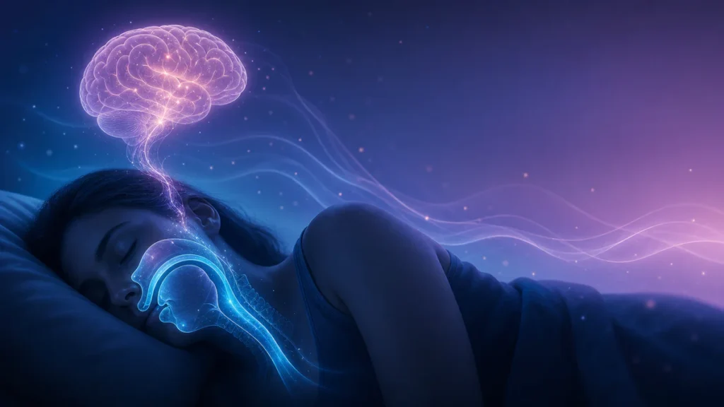 Illustration conceptuelle représentant une personne dormant paisiblement avec une visualisation anatomique translucide des vo