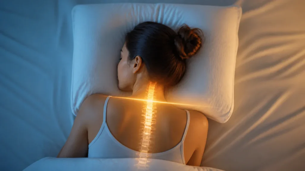 Vue sereine d'une personne dormant sur le côté avec visualisation lumineuse de l'alignement parfait des cervicales, de la nuq