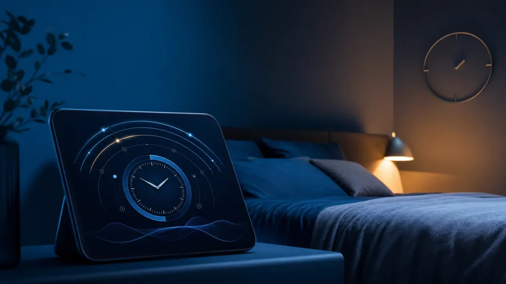 Illustration d'une calculatrice de sommeil abstraite associant une horloge, des cycles lumineux et une chambre calme aux tons