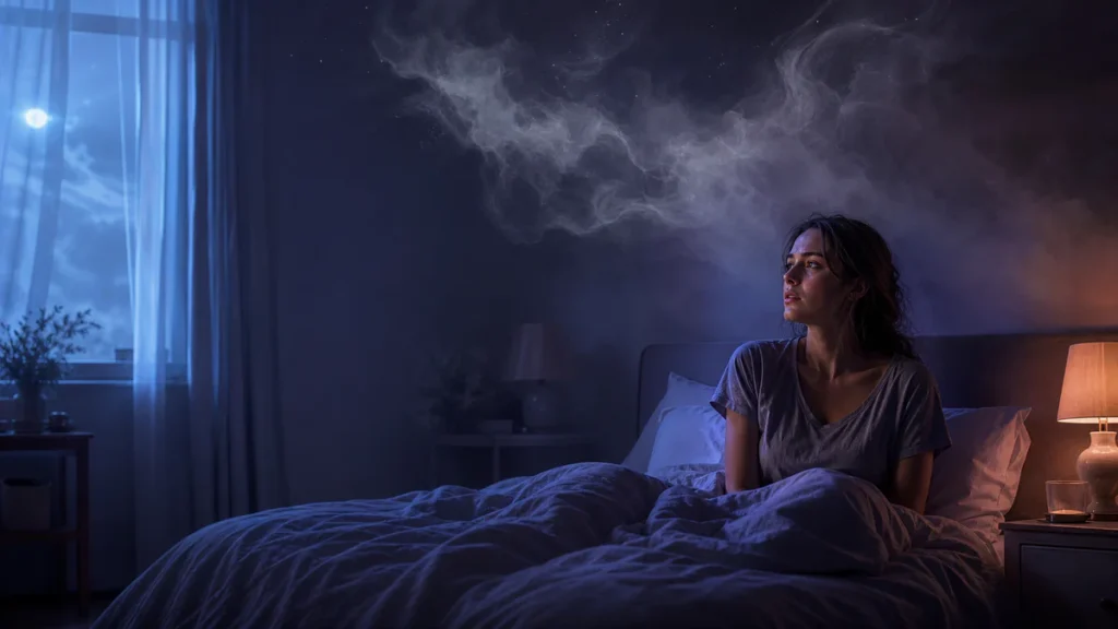 Person waking in bed after a vivid nightmare as a translucent dreamlike shadow fades in the moonlit bedroom.