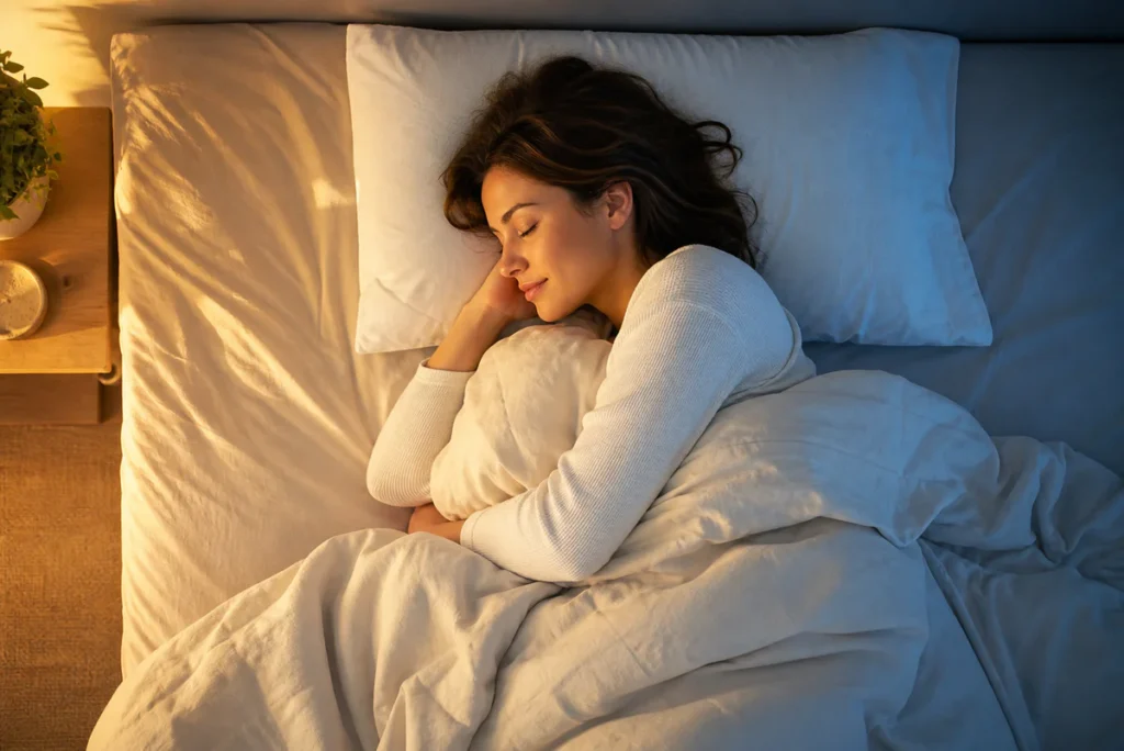 Vue aérienne d'une personne dormant paisiblement sur le côté dans une chambre zen minimaliste, avec une lumière douce symboli