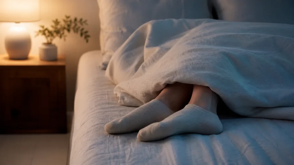 Close-up of relaxed feet wearing soft, light-colored socks beneath a duvet in a warmly lit bedroom
