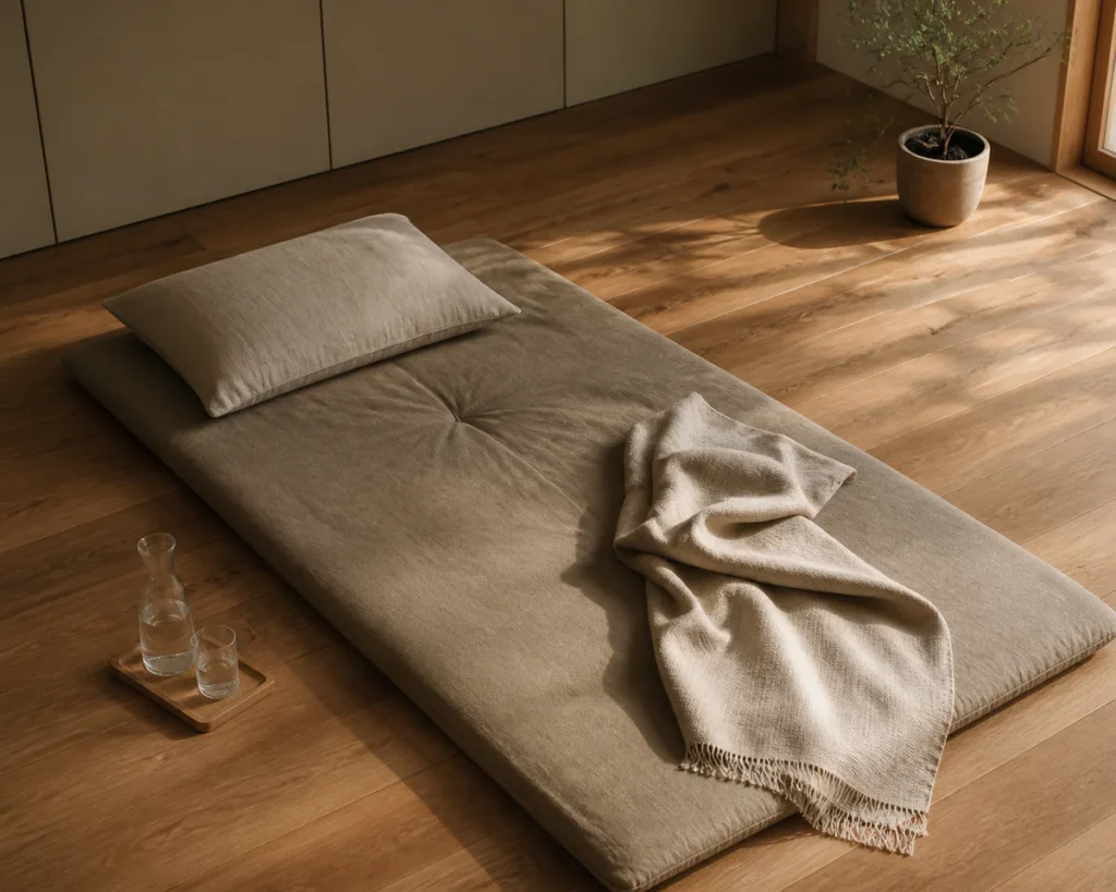 Vue d'ensemble en angle d'une installation minimaliste de couchage au sol avec un futon en fibres naturelles, un oreiller en