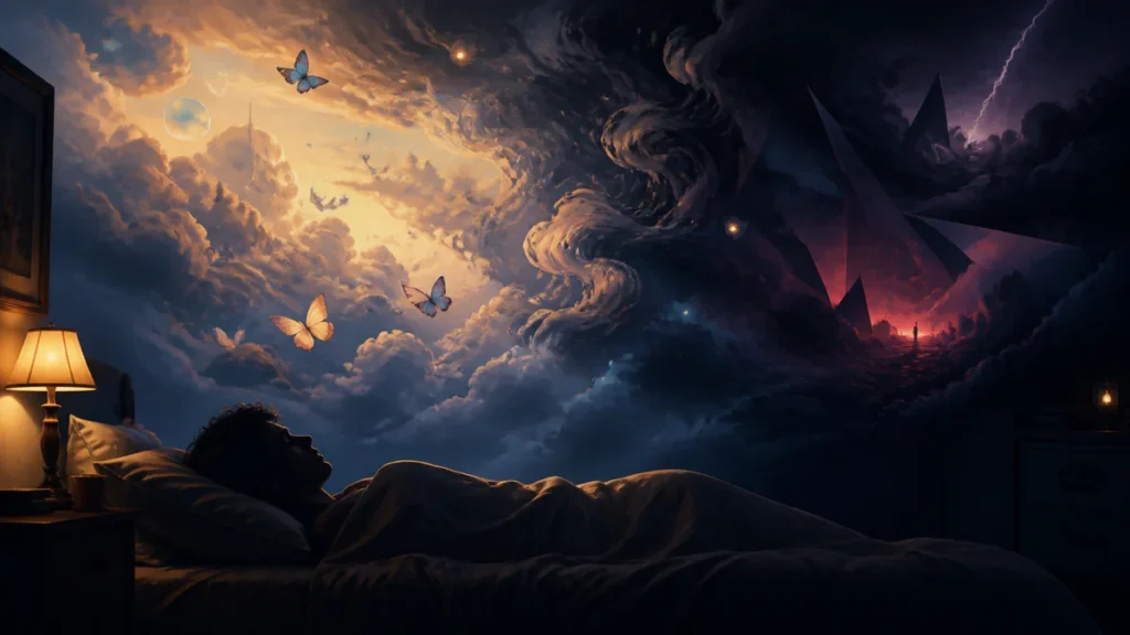 Vue artistique d'une chambre paisible la nuit avec un dormeur silhouetté, surmonté d'un espace onirique éthéré qui transition