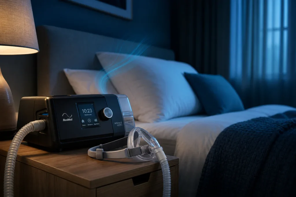 Image d'illustration montrant une machine PPC (pression positive continue) pour l'apnée du sommeil posée sur une table de che