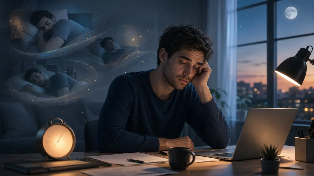 Adulte somnolent à son bureau malgré une nuit de sommeil, illustrant les causes possibles d'une envie de dormir persistante.