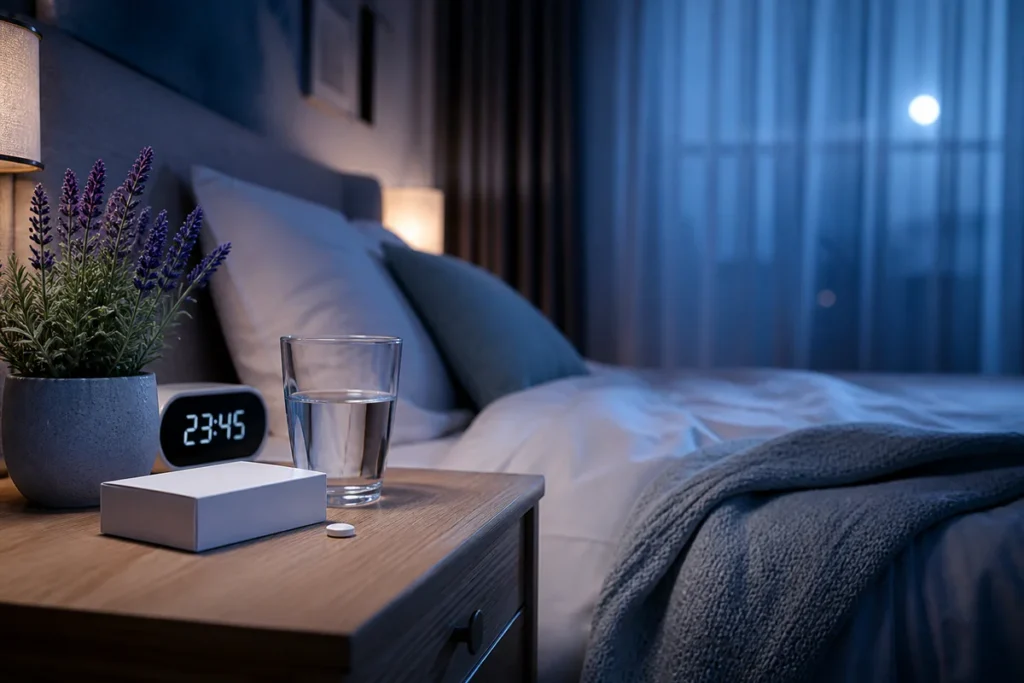 Vue paisible d'une chambre à coucher la nuit avec une boîte de médicament et un verre d'eau posés sur une table de chevet en