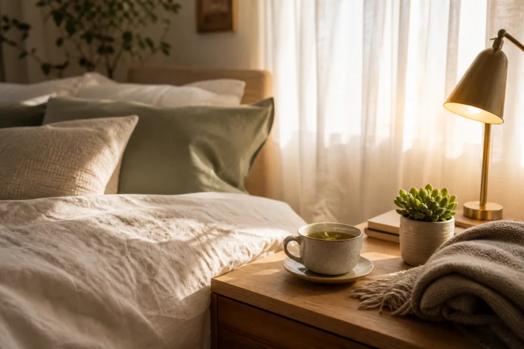 Chambre paisible baignée de lumière matinale douce, avec un lit défait aux draps crème, une tasse de tisane fumante sur la ta