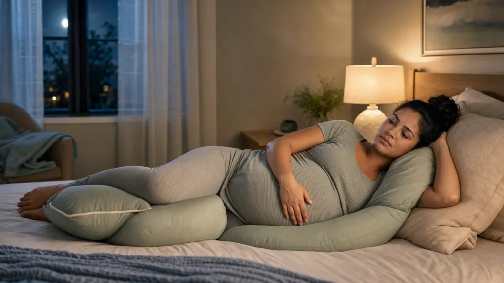 Femme enceinte au troisième trimestre éveillée dans son lit, entourée d’oreillers de soutien dans une chambre calme éclairée