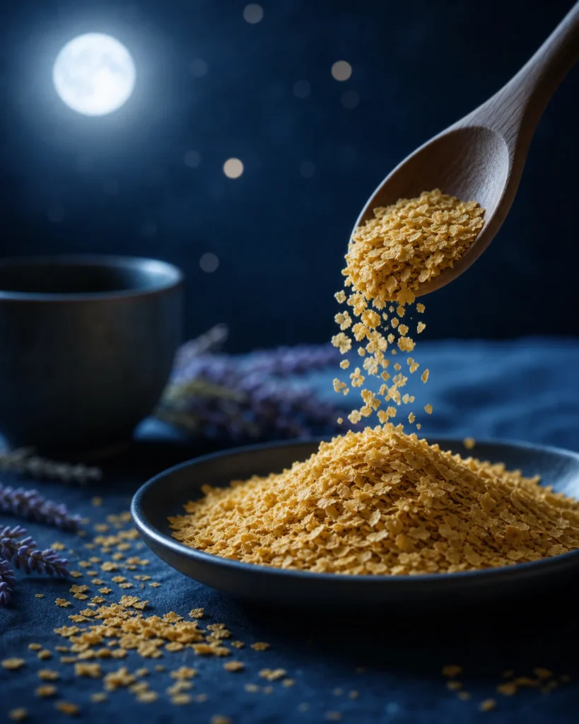 A serene still life of golden brewer's yeast flakes cascading from a wooden spoon against a deep midnight blue background, ev
