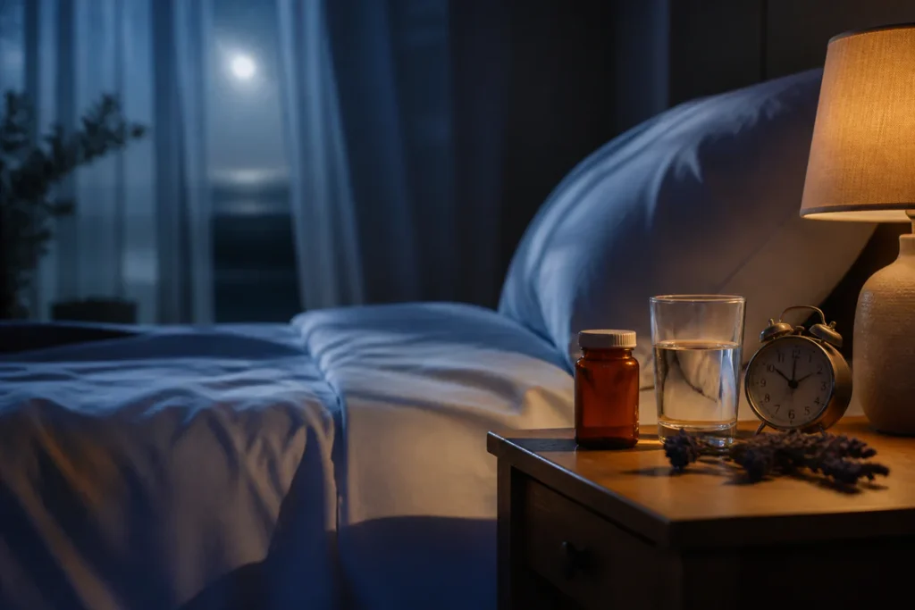 Vue sereine d'une chambre à coucher au clair de lune avec une petite bouteille de médicament en verre ambré et un verre d'eau