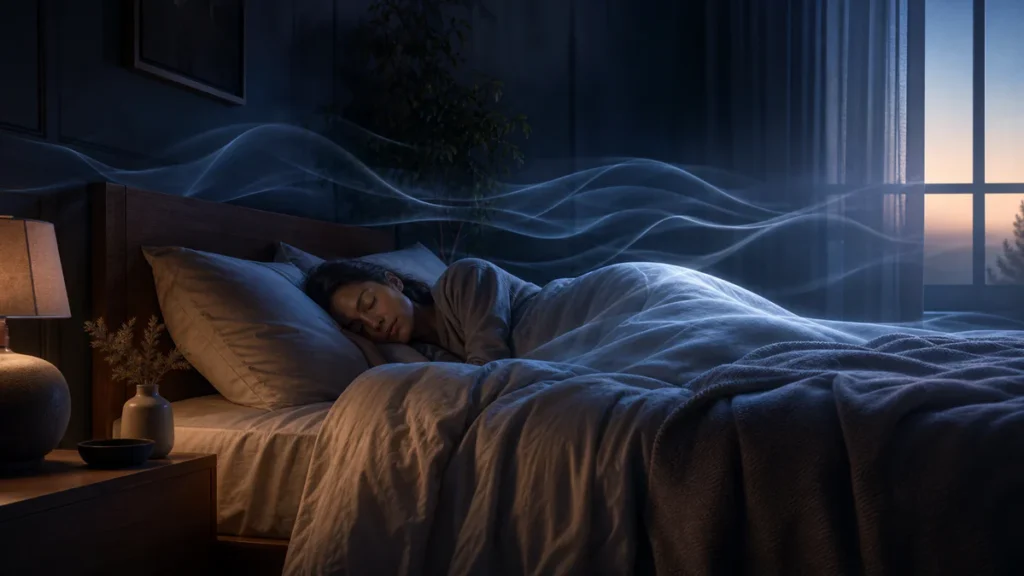 Adult sleeping in a calm modern bedroom while subtle lighting and translucent visual layers suggest fragmented or insufficien
