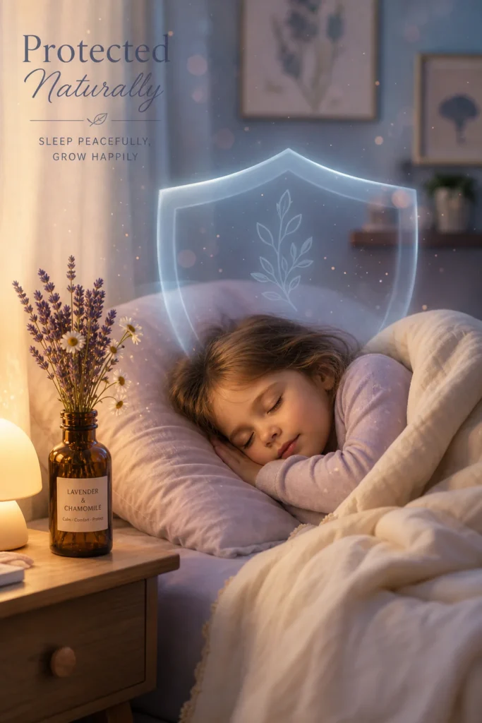 Illustration sereine d'un enfant paisiblement endormi dans un lit douillet avec une petite fiole de complément alimentaire na
