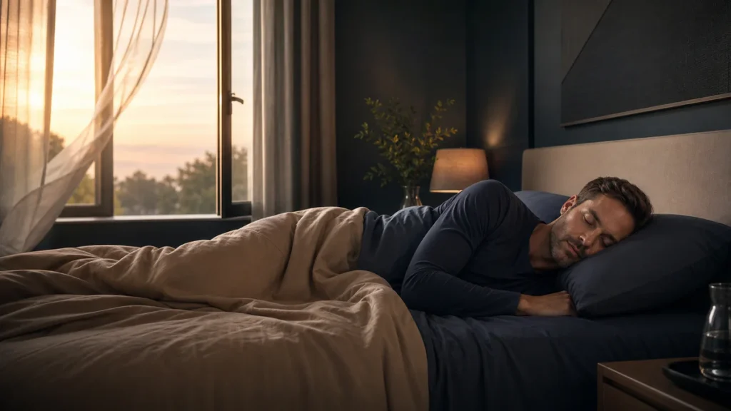Personne dormant sur le côté dans une chambre lumineuse, avec un oreiller ergonomique et une atmosphère propice à une respira