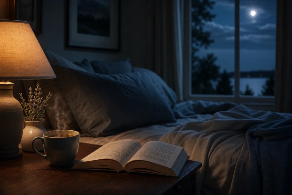 Chambre paisible la nuit avec une lumière douce de lampe de chevet, un livre ouvert, une tasse de tisane chaude et une fenêtr