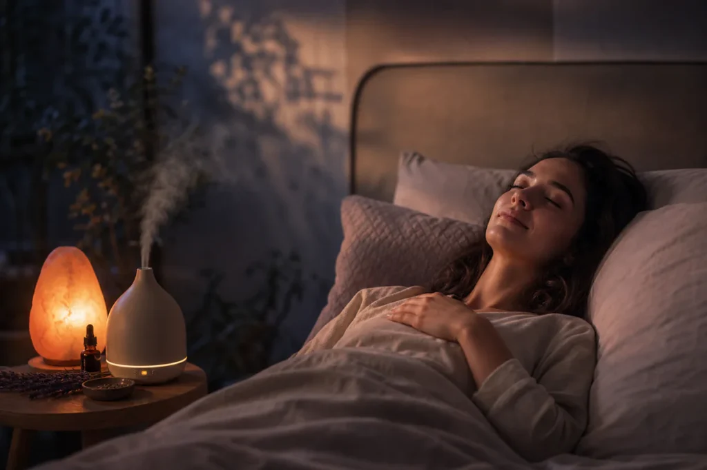 Une personne allongée paisiblement dans une chambre baignée d'une lumière douce et chaude au crépuscule, évoquant la relaxati
