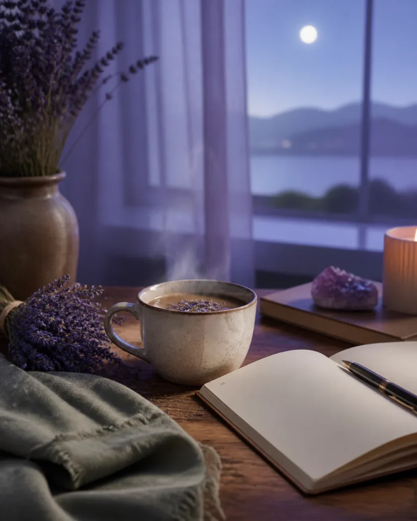 Nature morte : tisane, lavande séchée, linge et carnet ouvert sur un plan de bois