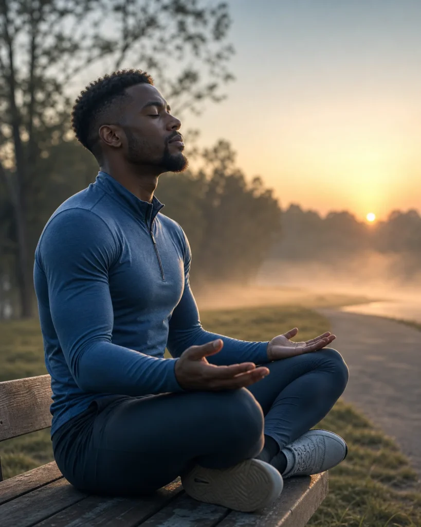 Athlete in peaceful meditation at dawn on a misty bench, symbolizing the restorative connection between sleep quality and spo