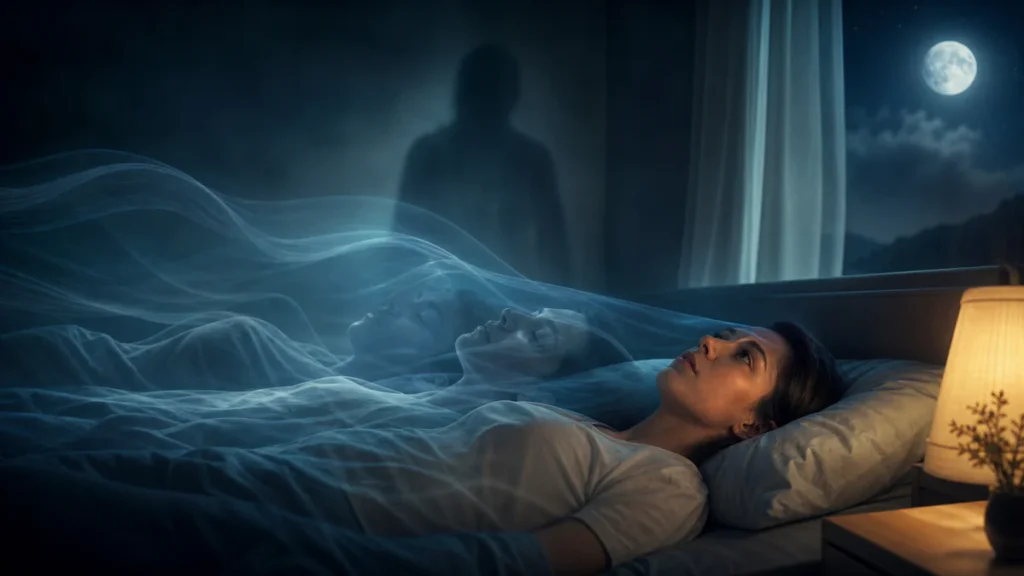 Person awake and unable to move in bed during a calm, symbolic depiction of sleep paralysis at night.