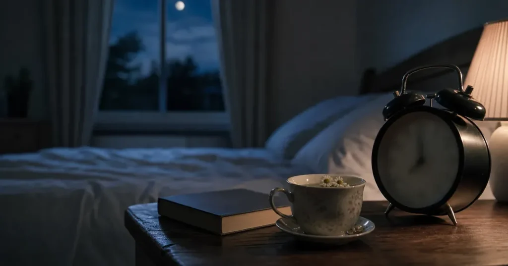 Chambre calme à l’aube, réveil et thé fumant