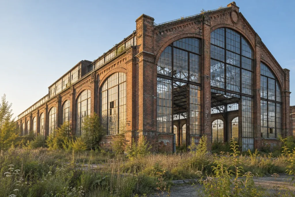 Ancienne halle d’usine en brique aux grandes verrières, vide et désaffectée, vue depuis l’extérieur