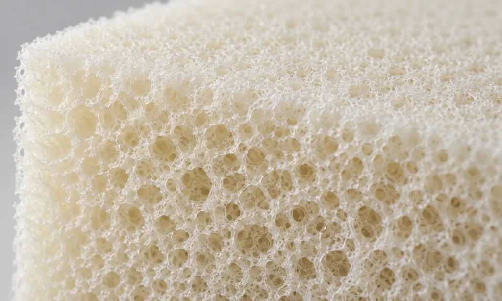 Gros plan sur la structure alvéolaire ouverte d'une mousse de matelas haute résilience