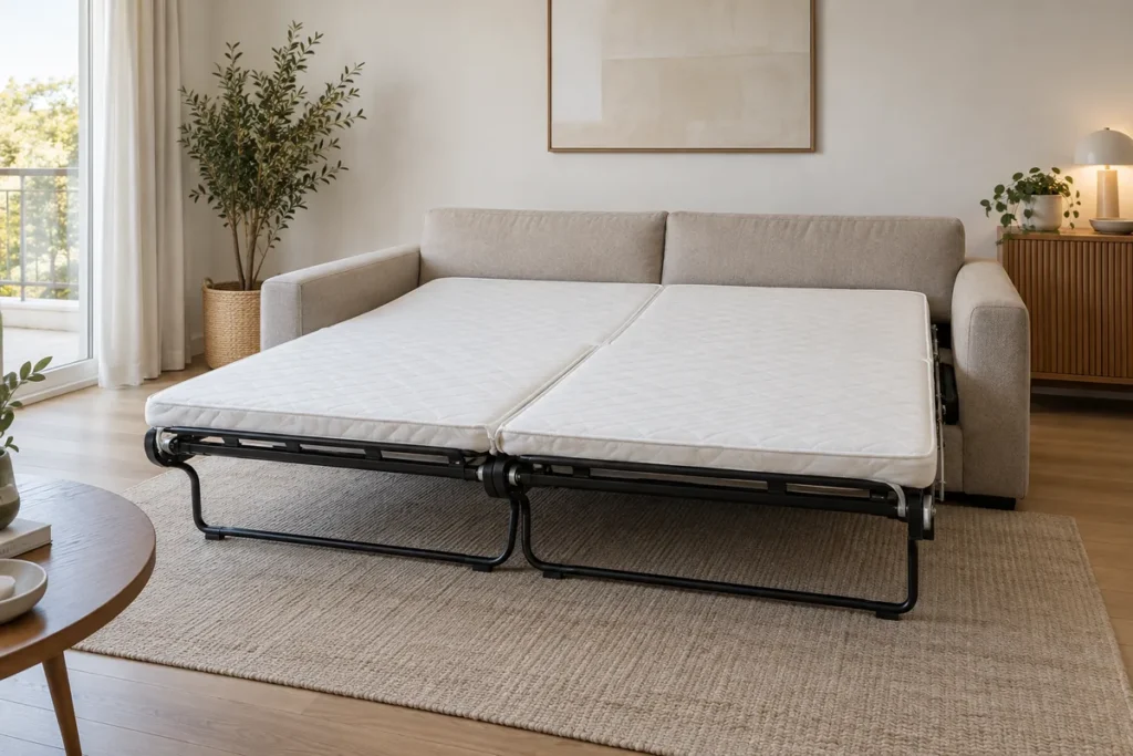 Canapé convertible ouvert en position lit avec un matelas fin blanc déplié dessus, pli du mécanisme visible au centre