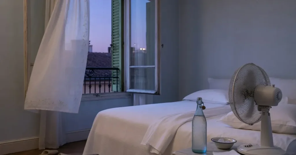 Chambre française fraîchement ventilée durant une chaude soirée d’été