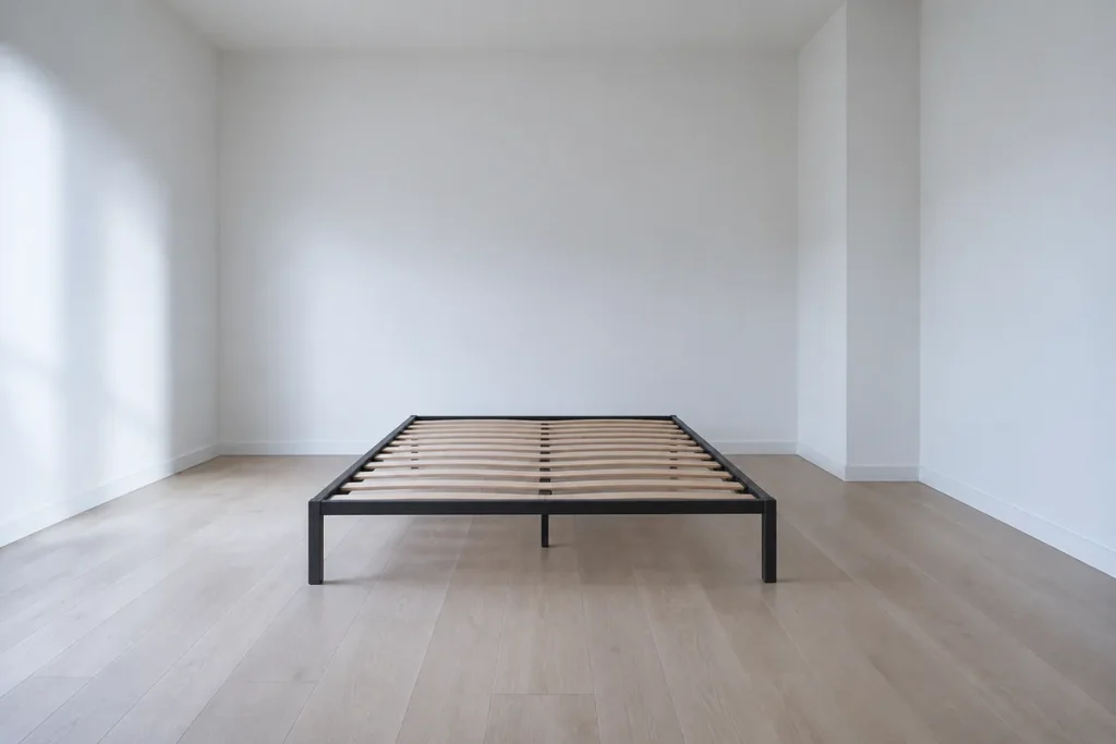 Chambre claire entièrement vide avec un seul sommier nu, sans matelas, au centre