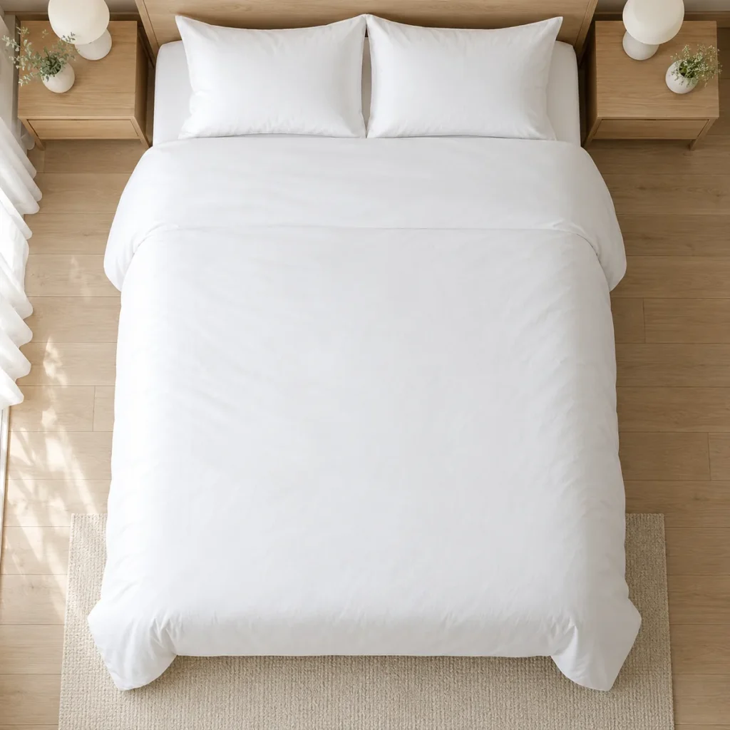 Couette blanche posée à plat sur un lit double, vue en plongée, tombé généreux et égal sur les deux côtés