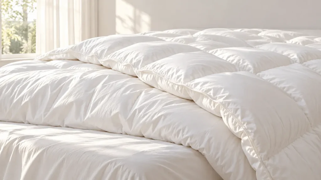 Couette blanche épaisse posée sur un lit, rabattue en diagonale pour montrer son volume sur la tranche