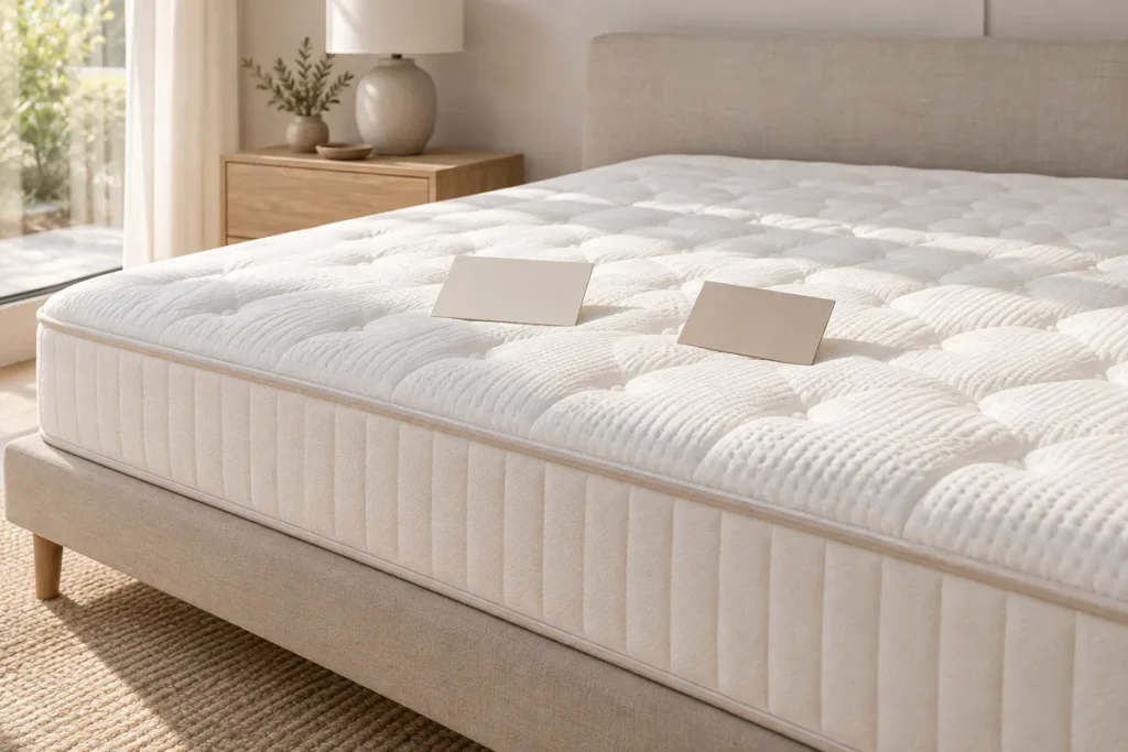 Deux étiquettes cartonnées vierges posées sur un matelas blanc nu, suggérant deux références pour un même produit