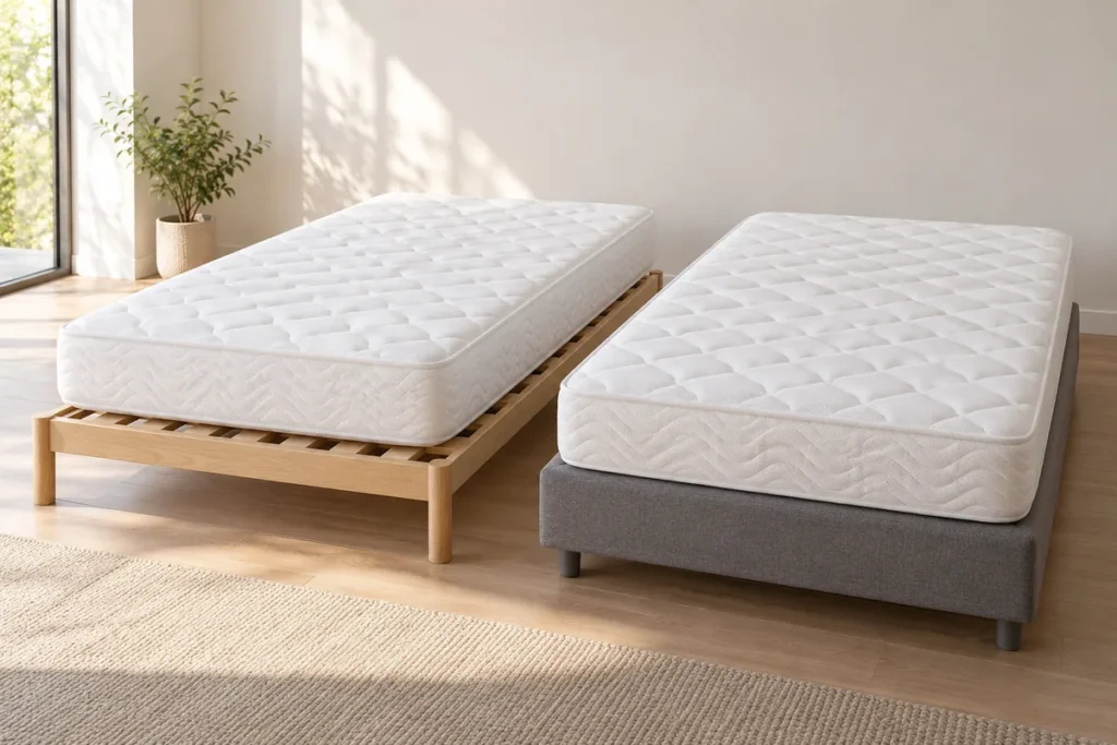 Deux matelas blancs identiques côte à côte, l’un sur un sommier à lattes en bois clair, l’autre sur un sommier tapissier gris