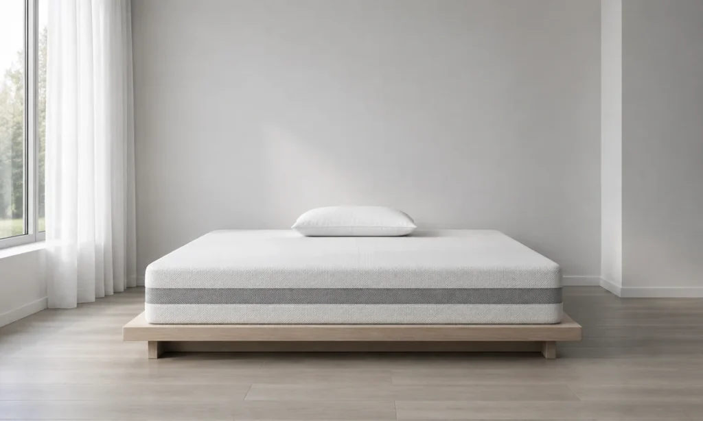 Matelas Emma Performance sur un sommier en frêne clair, bandeau d'aération gris visible sur le côté