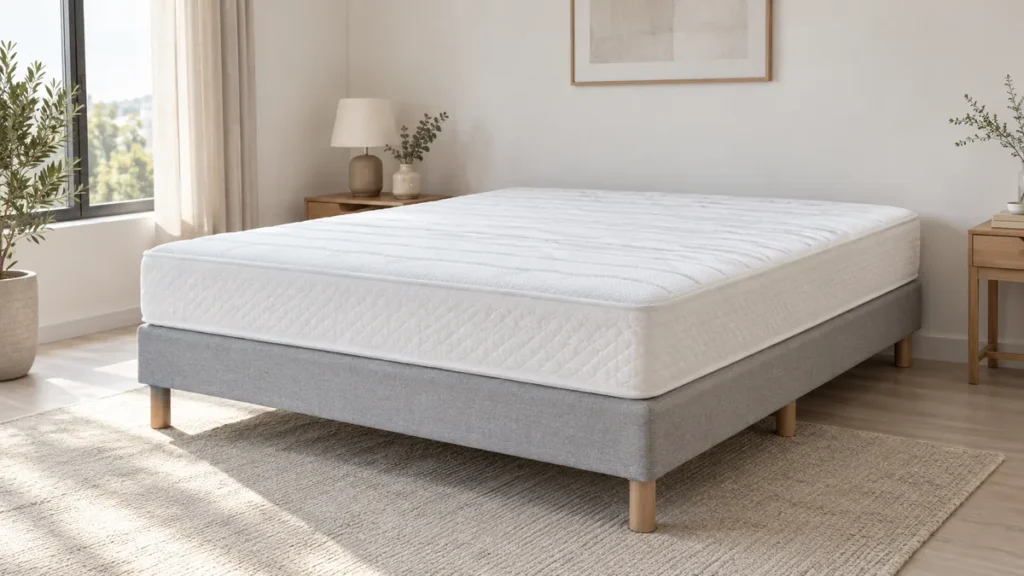 Ensemble literie complet : matelas blanc posé sur un sommier tapissier gris clair sur pieds, les deux éléments superposés bien distincts