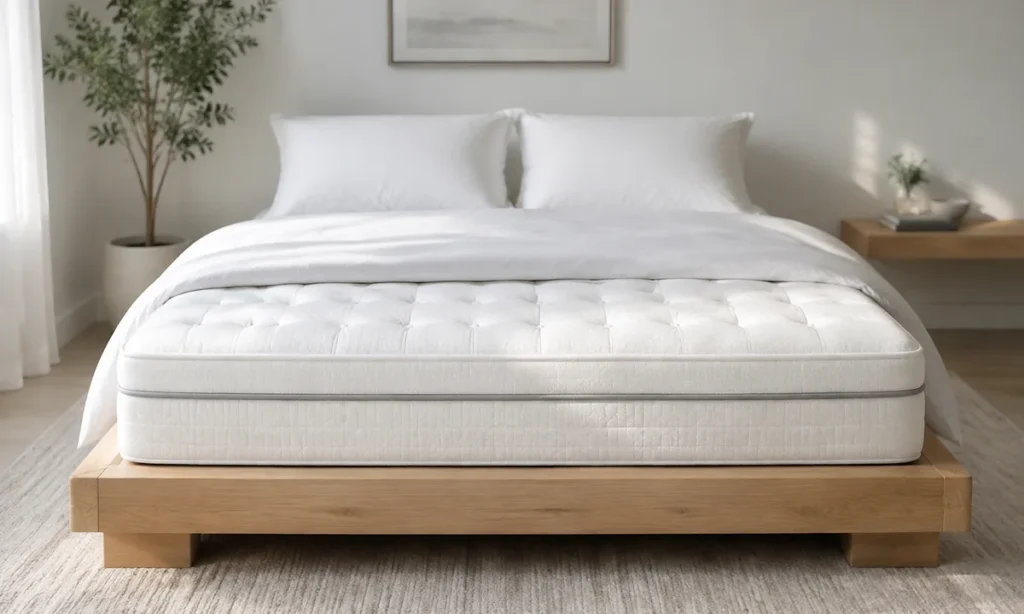 Matelas Emma Original pose sur un sommier bas en bois clair