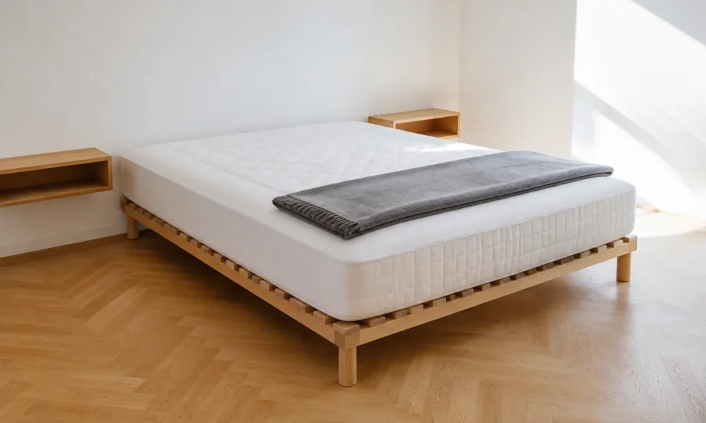 Matelas Merinos Maman Cool pose sur un sommier a lattes