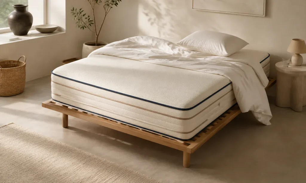 Matelas Tediber Hybride Premium pose sur un sommier a lattes en bois clair