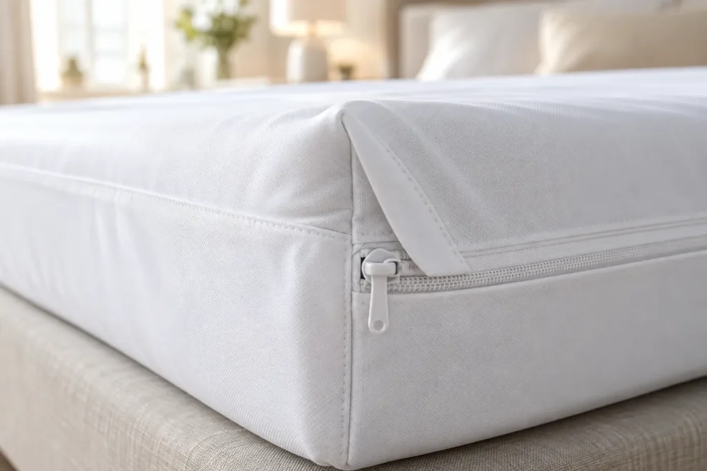 Angle d’une housse de matelas blanche intégrale, fermeture à glissière fermée et rabat de tissu replié par-dessus