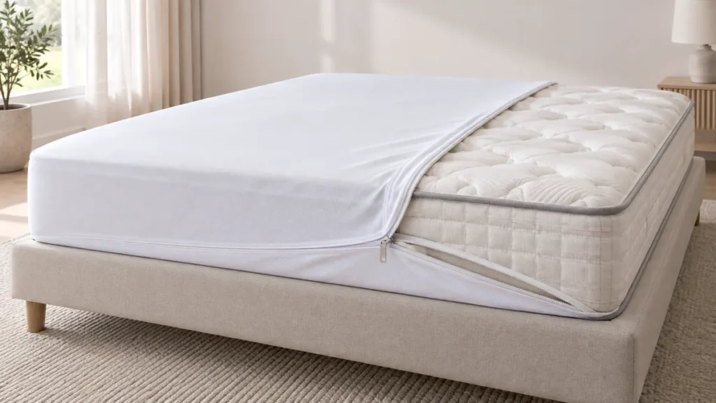 Housse de protection blanche partiellement enfilée sur un matelas, fermeture à glissière ouverte sur le côté, matelas nu visible de l’autre côté