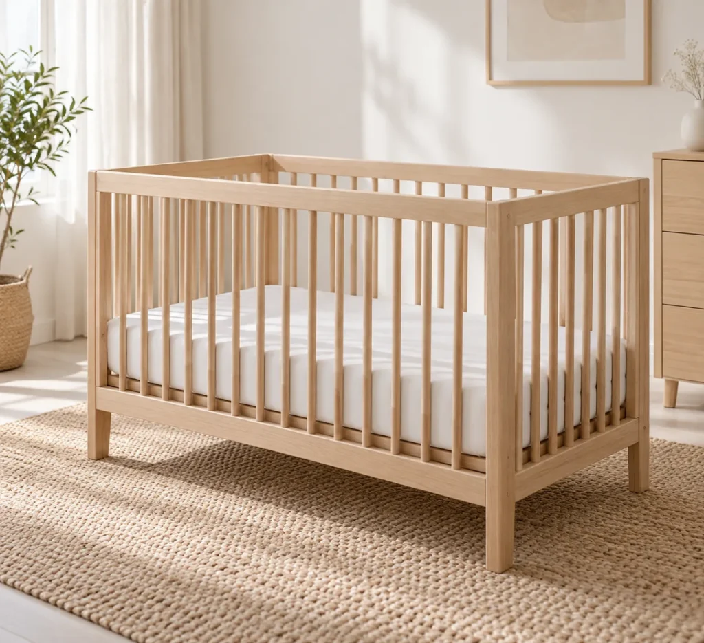 Lit à barreaux en bois clair vide avec un matelas blanc parfaitement ajusté au cadre, sans oreiller ni couverture ni tour de lit