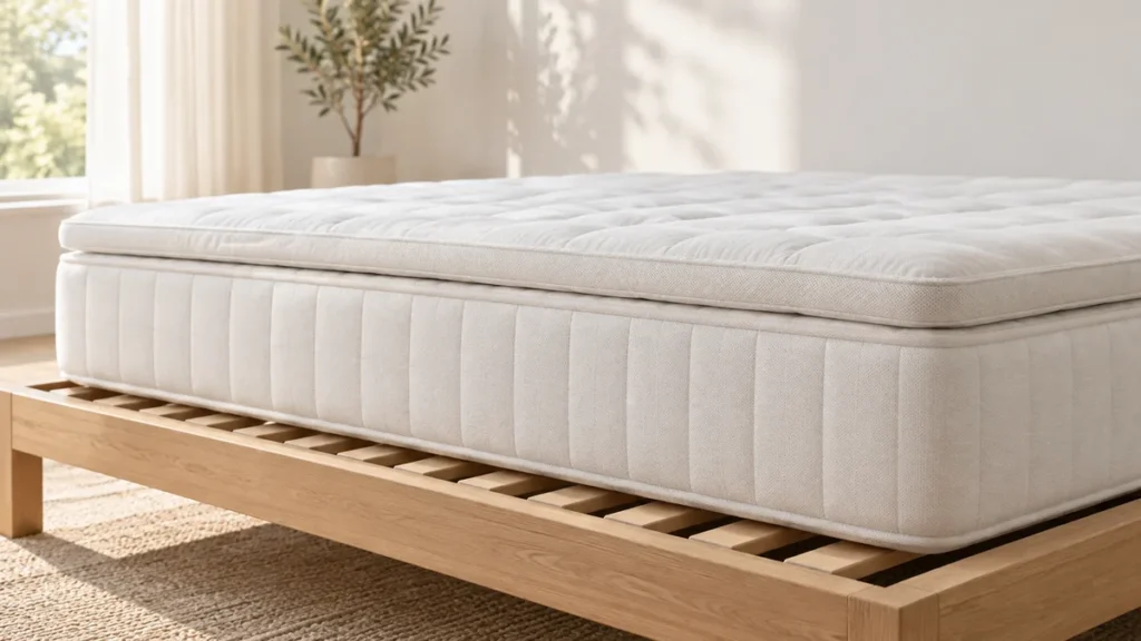 Matelas blanc sur sommier à lattes, surmonté d’un surmatelas plus fin dont la tranche se distingue