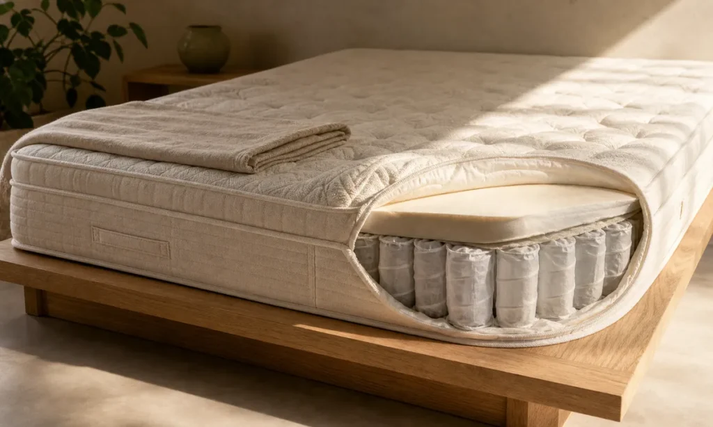 Matelas hybride Infinite Tediber : coupe montrant les couches de mousse et les ressorts ensachés