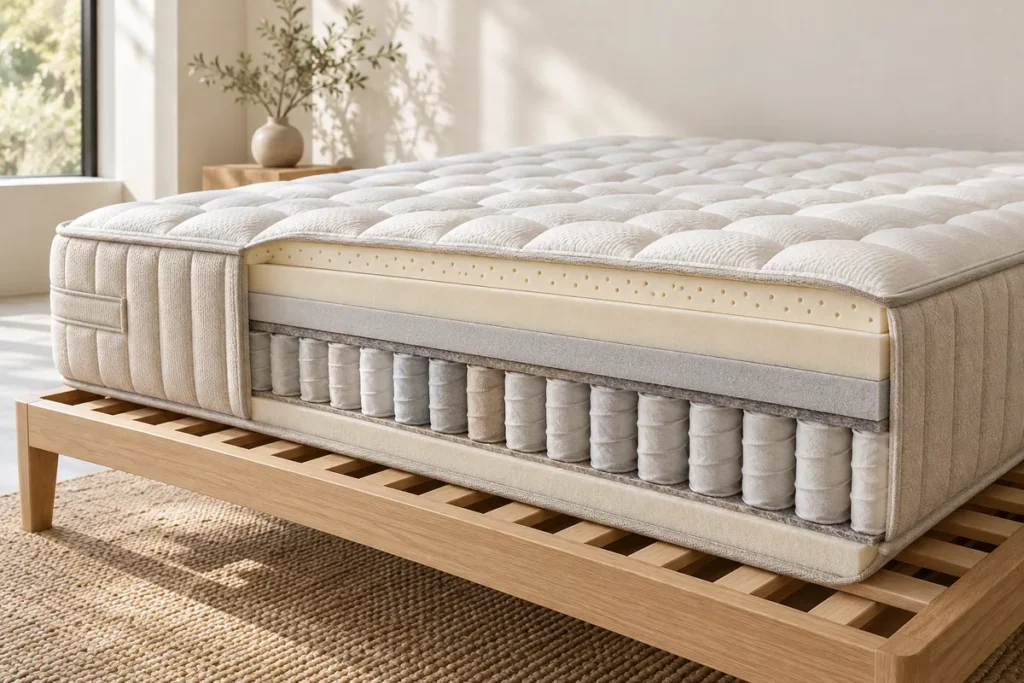 Matelas hybride épais vu de trois quarts sur un sommier à lattes en bois clair, tranche du matelas et lattes espacées visibles