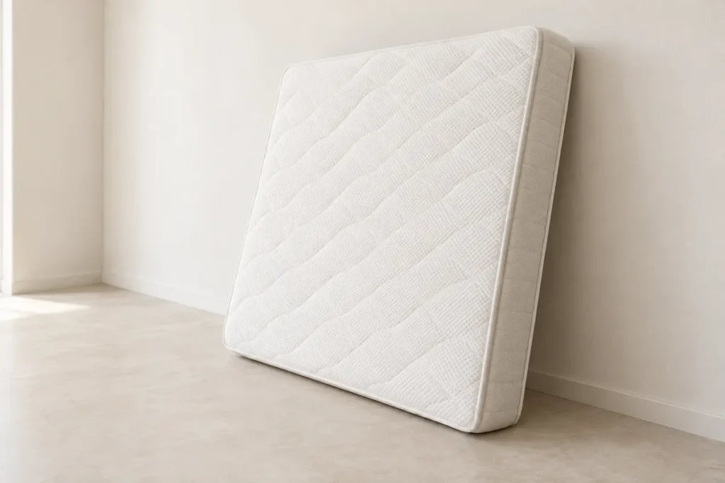 Matelas en mousse blanc d’épaisseur moyenne posé seul contre un mur clair dans une pièce vide, tranche visible